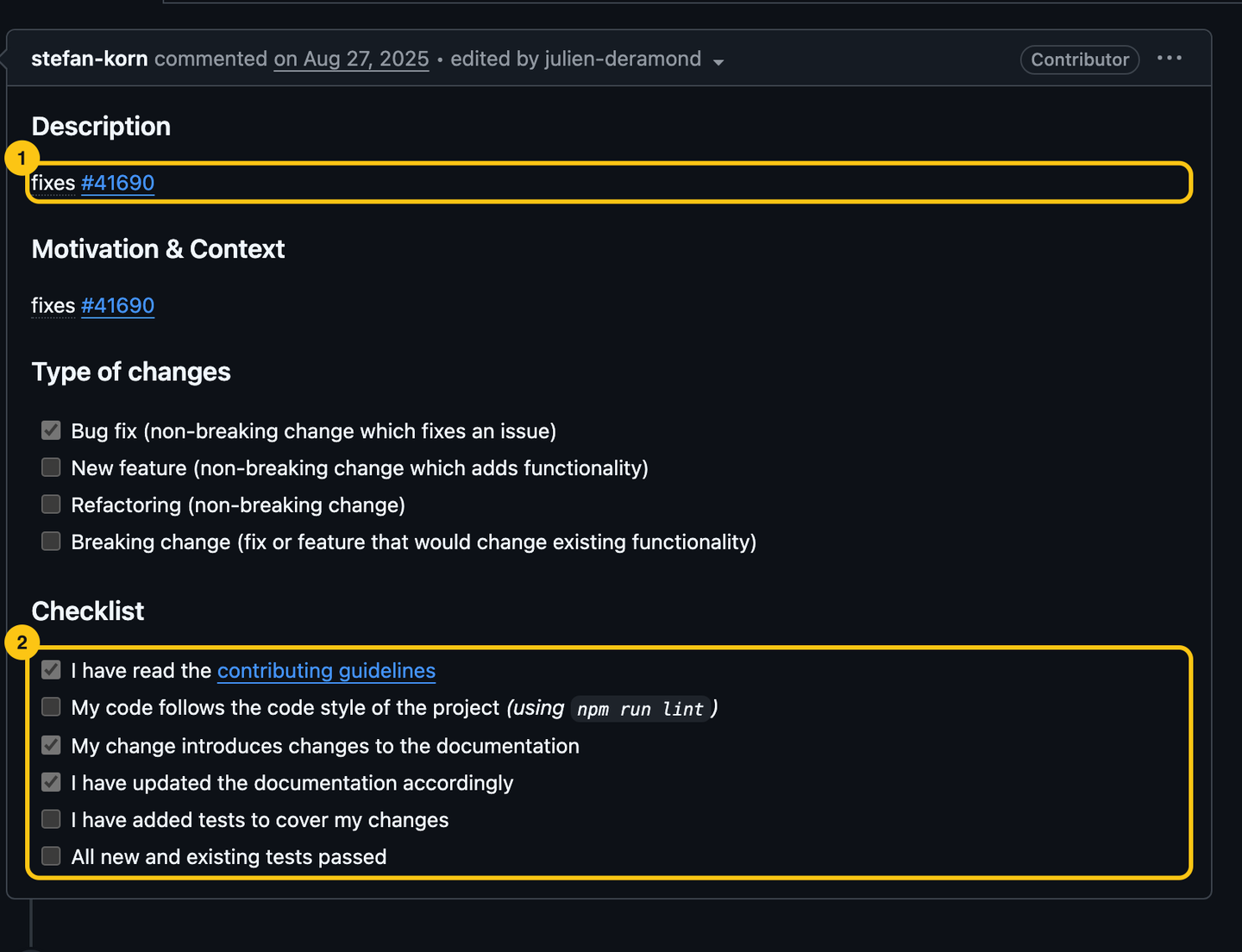 Pull request 41691's description: fixes 41690, a checklist with contributing guidelines and docs ticked, lint and tests not.
