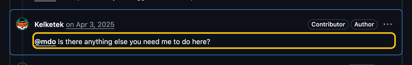 Kelketek's comment on April 3, 2025: at-mdo, is there anything else you need me to do here?