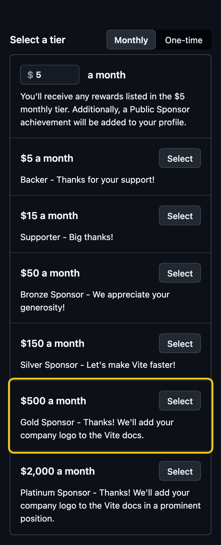 Vite's tiers on GitHub Sponsors, $5 to $2,000 a month: the $500 Gold tier adds the company logo to the Vite docs.