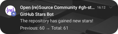 A phone notification from GitHub Stars Bot in the Open {re}Source Discord: 'The repository has gained new stars! 60 → 61'.